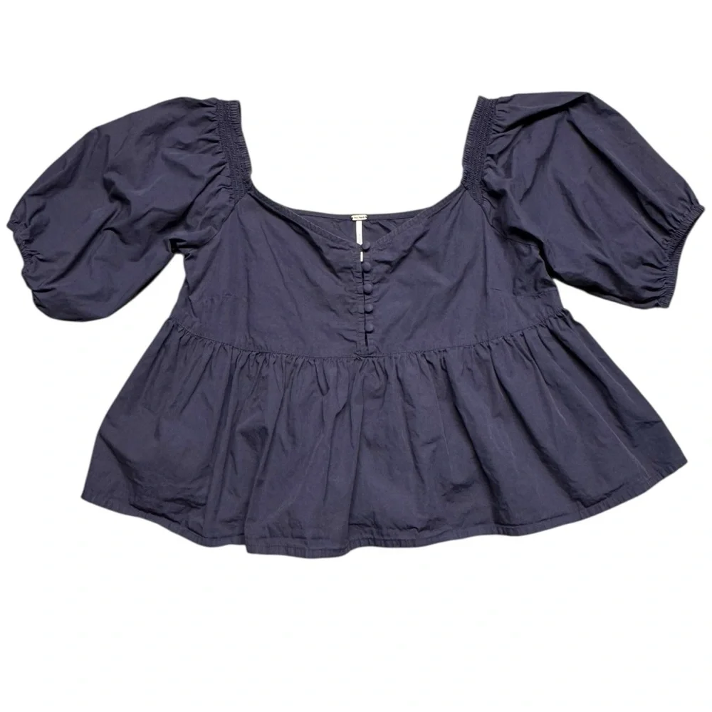 Free People Veronica Navy Blue Puff Sleeve Peplum Crop Top in Night Sky Sz Small